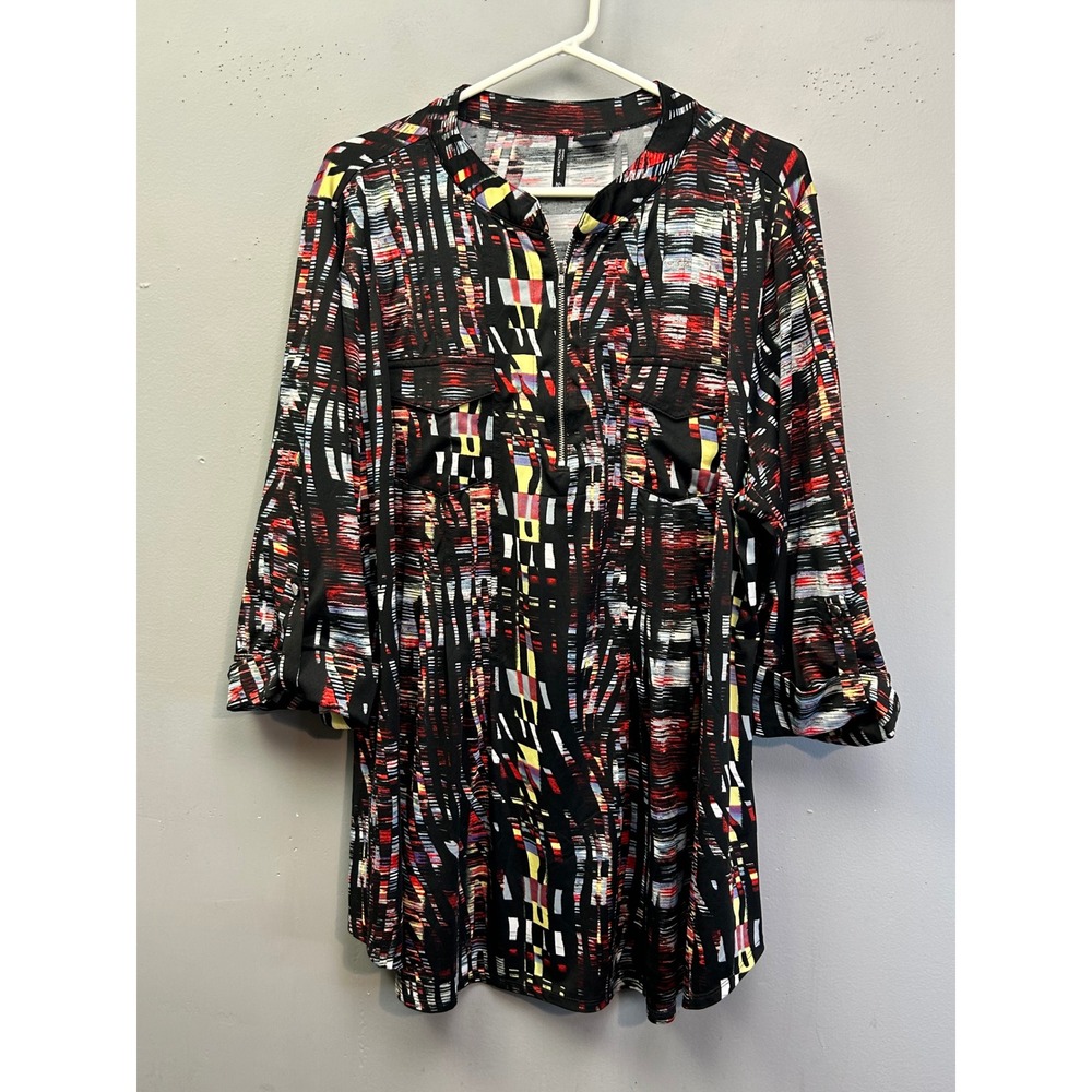 New Directions Woman Tunic Womens 3X Black Red Abstract Half Zip Roll Tab Blouse